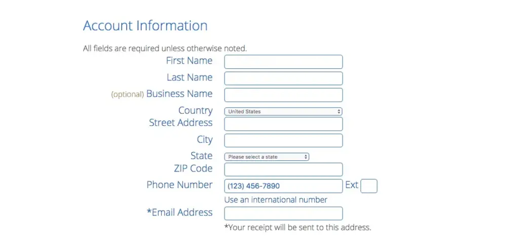 Ingreso de información para completar registro en BlueHost